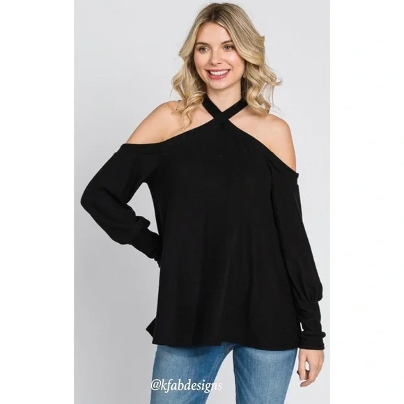 LAST 1! Super Soft Black Cross Neck Cold Shoulder Cuffed Sleeve Top - Picture 3 of 8